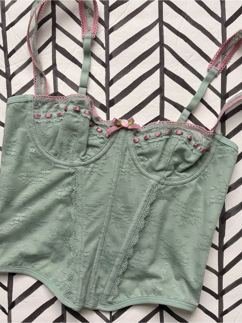 Urban Outfitters Mint Green Lace Bustier with Pink Trim